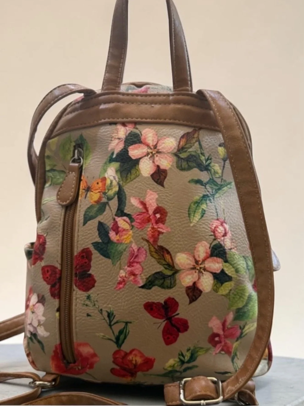 Floral Mini Backpack with Tan Trim - Beige Multicolor